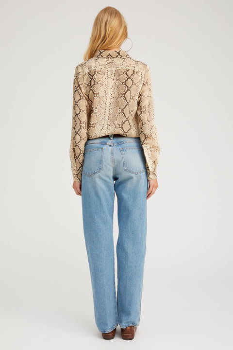 Beige Snakeskin Silk Fitted Button Down