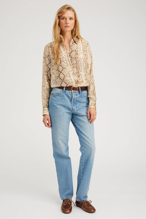 Beige Snakeskin Silk Fitted Button Down
