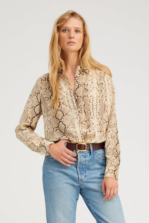 Beige Snakeskin Silk Fitted Button Down