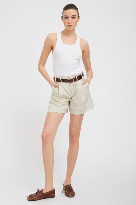 Black & White Striped Linen Pleated Trouser Shorts
